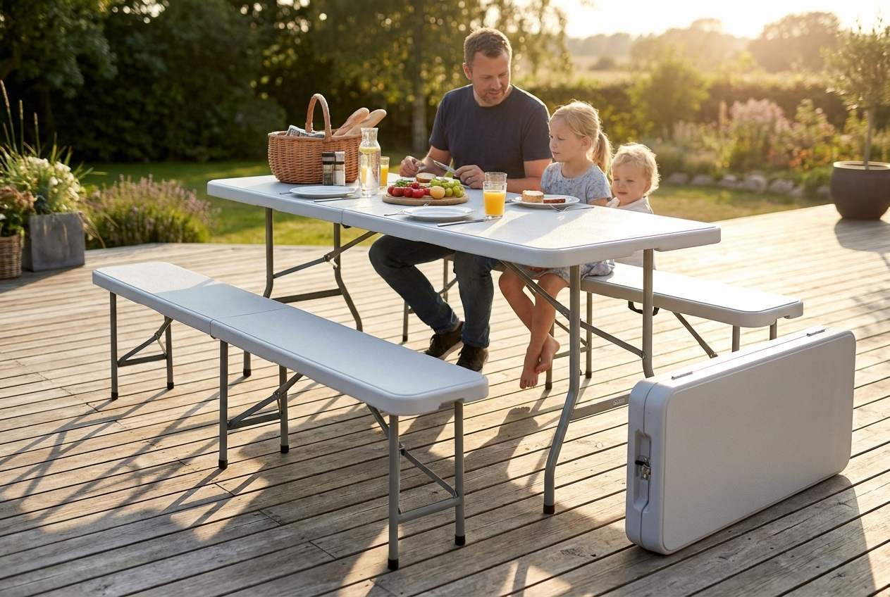Folding Table and Benches Set in Light Grey with Steel Frame - product detail