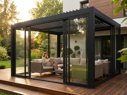 Aluminium Pergola Gazebo with sliding doors, 4x4 m in black - view 3