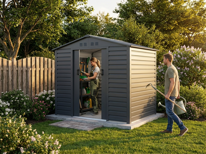 Zinc coated steel garden shed in anthracite, outdoor storage