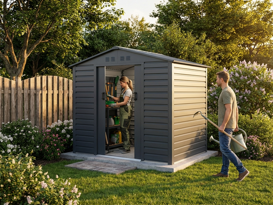 Zinc coated steel garden shed in anthracite, outdoor storage