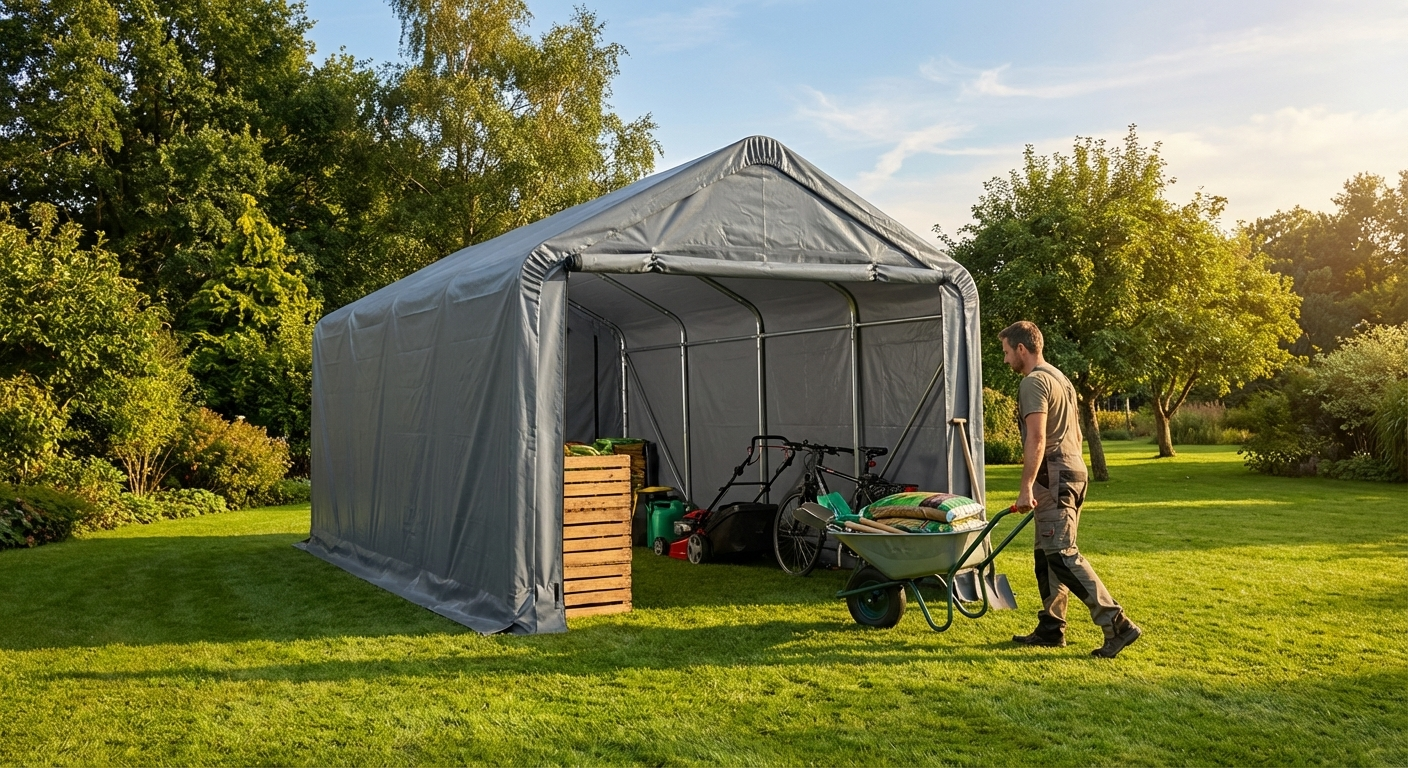 PVC storage shelter in grey with galvanised steel frame for industrial use - product detail