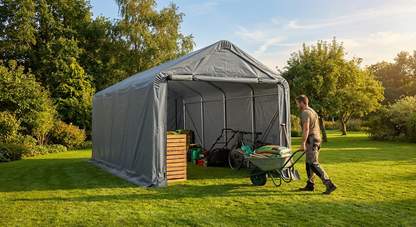 PVC storage shelter in grey with galvanised steel frame for industrial use - product detail