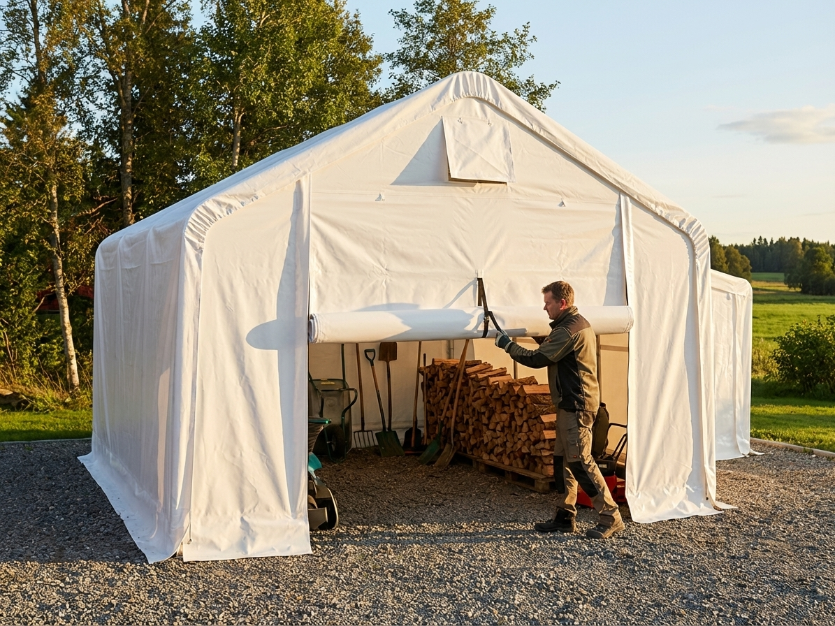 White PVC end wall and door for storage shelter