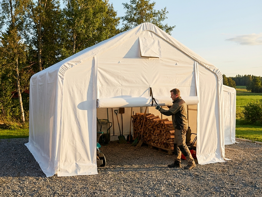 White PVC end wall and door for storage shelter