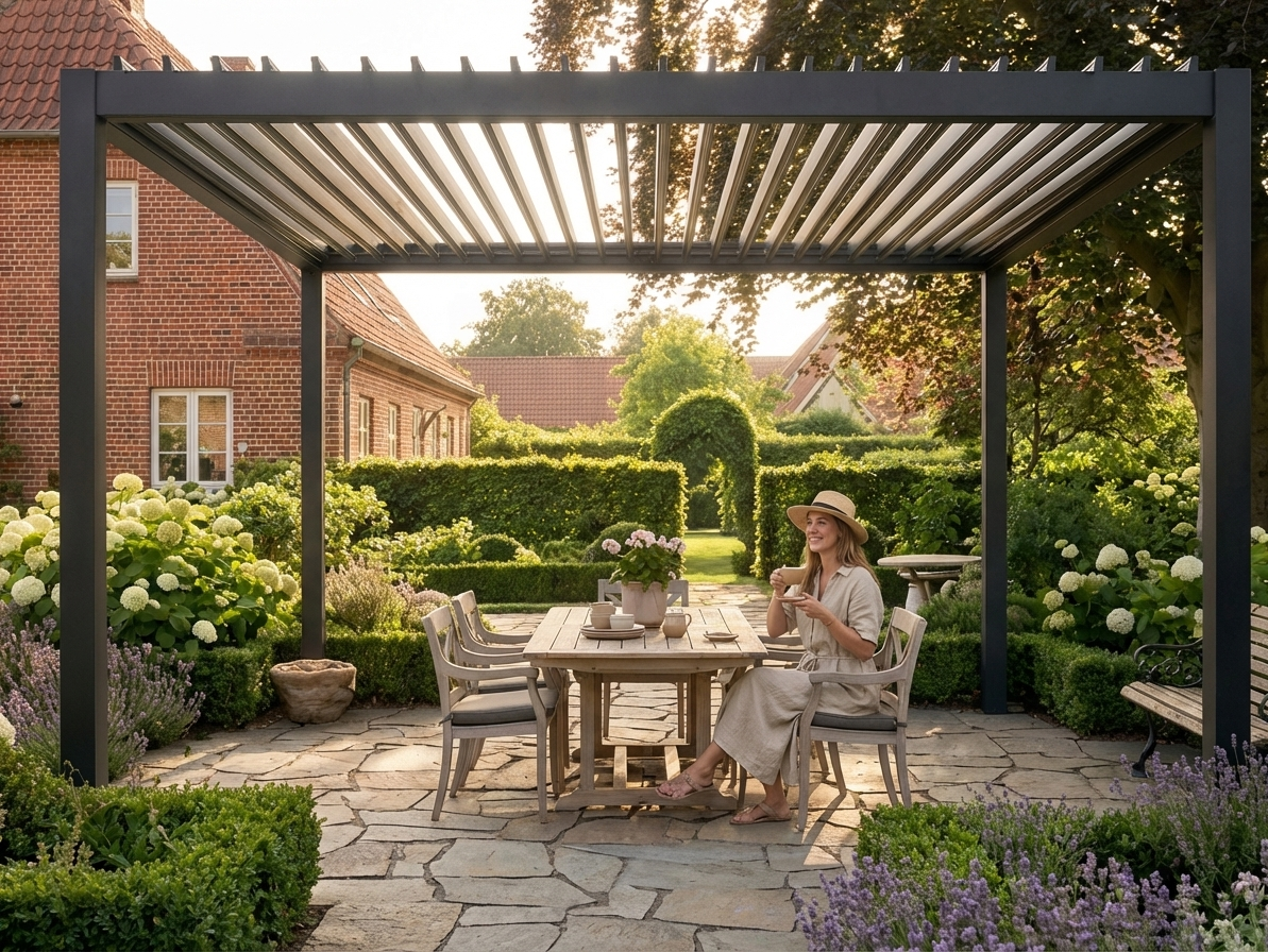 Black Bioclimatic Pergola Gazebo made of galvanised steel - view 3