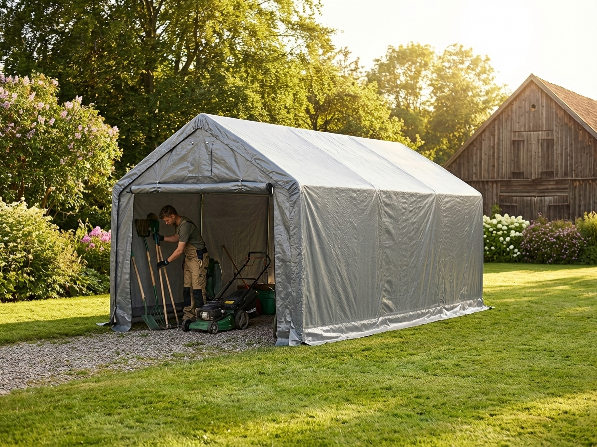 Grey storage shelter 4x6m made of polyethylene and steel - view 3