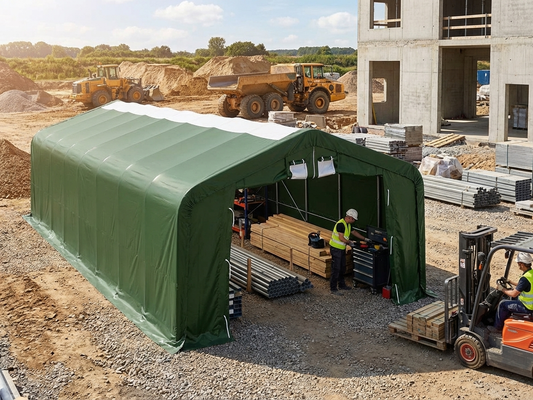 Storage shelter 6x18x3.7 m in green PVC with steel frame for industrial use