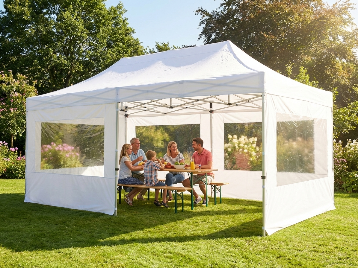 White pop-up gazebo with steel frame, ideal for outdoor events
