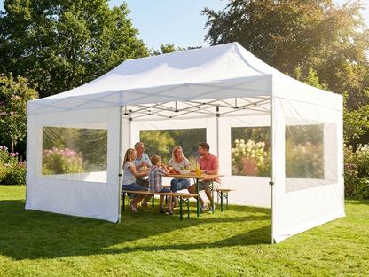 White pop-up gazebo with steel frame, ideal for outdoor events