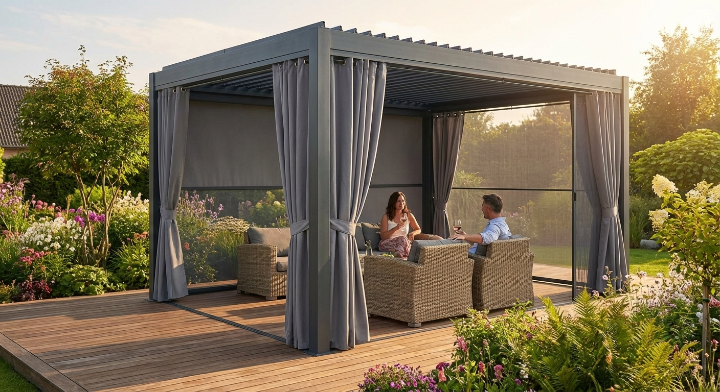 Grey pergola sidewalls with mosquito net for outdoor gazebos - view 3