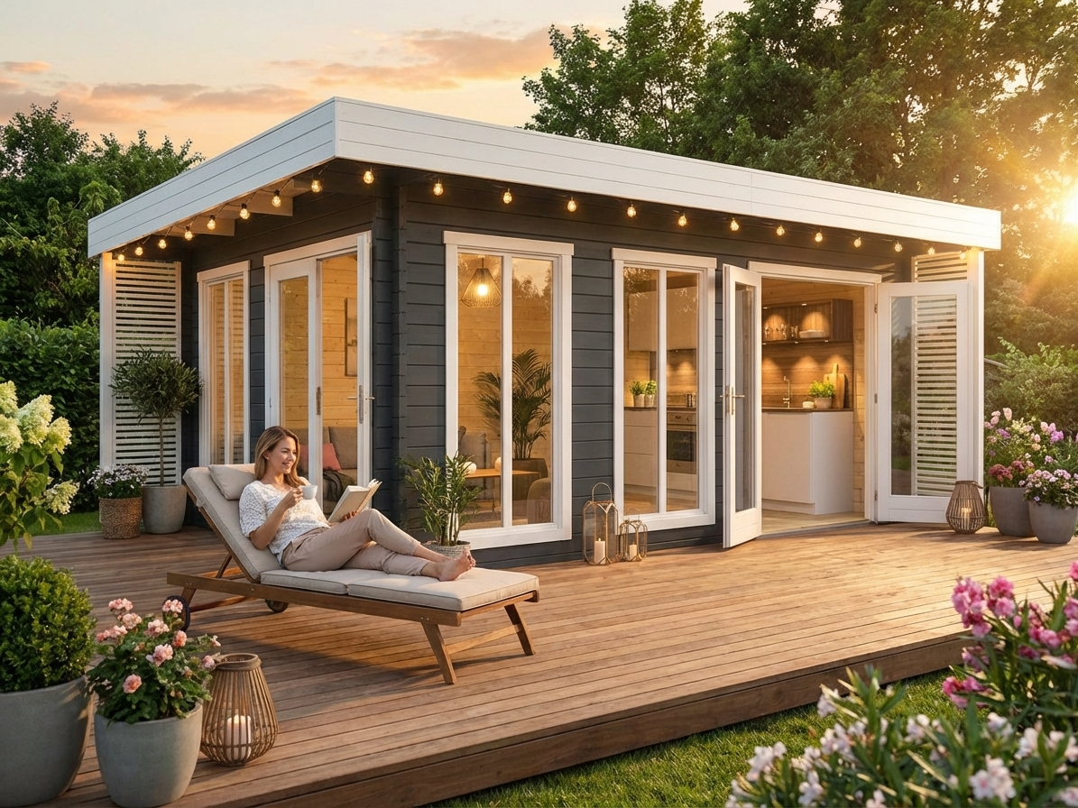 Wooden cabin in dark grey made from Nordic Spruce - product detail