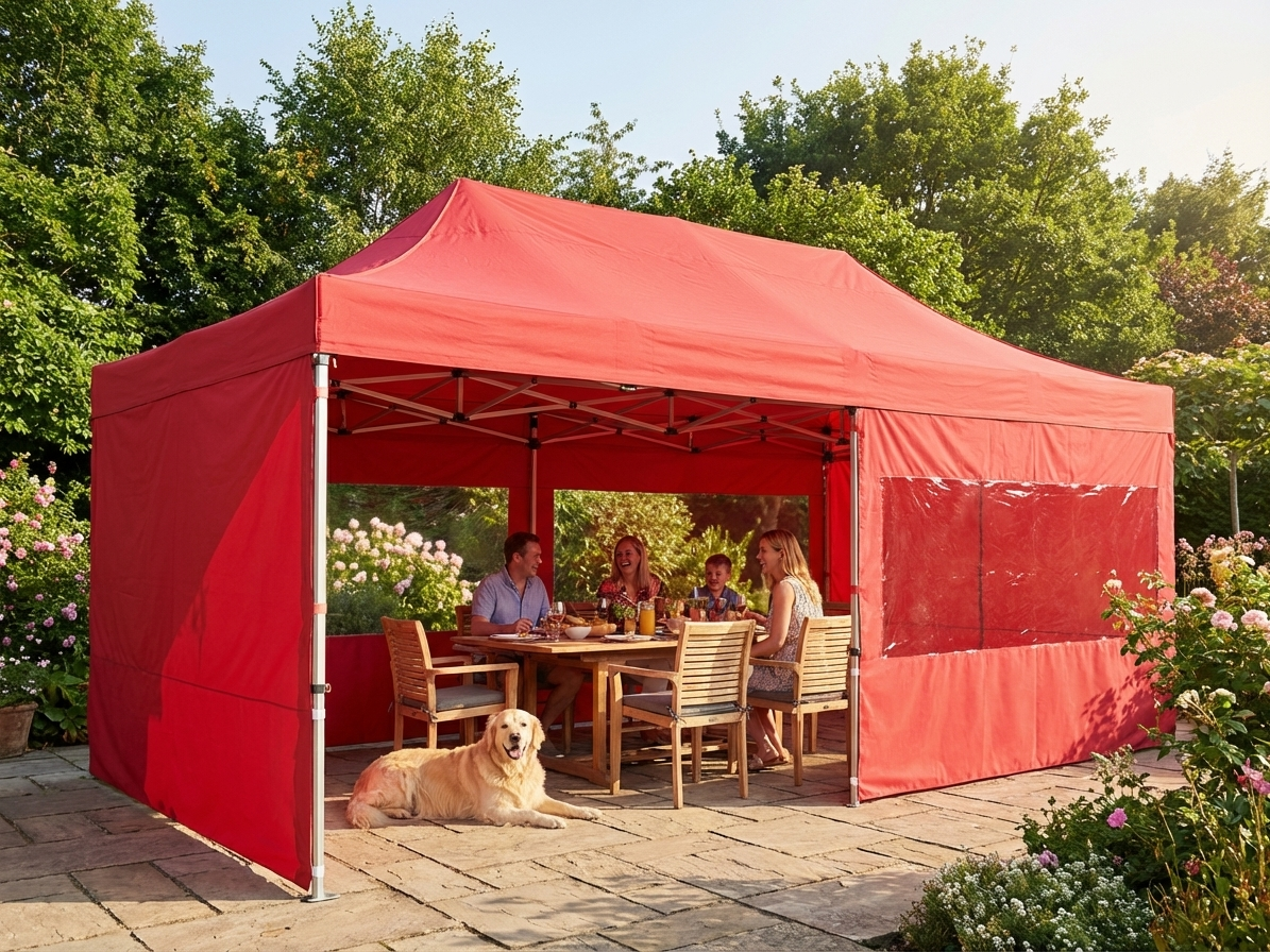 Red pop-up gazebo with steel frame and sidewalls for outdoor events