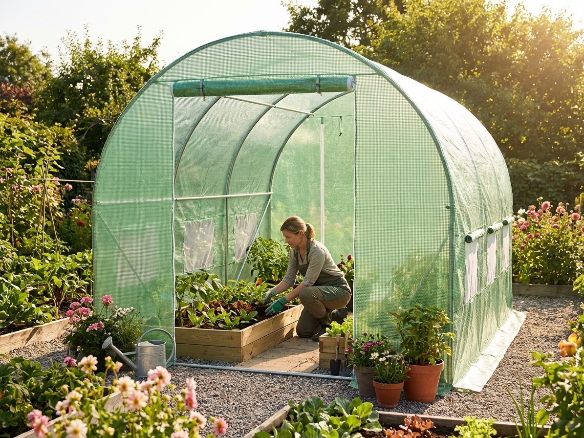 Polytunnel greenhouse 2x3x2m in green with polyethylene cover and steel frame - view 3