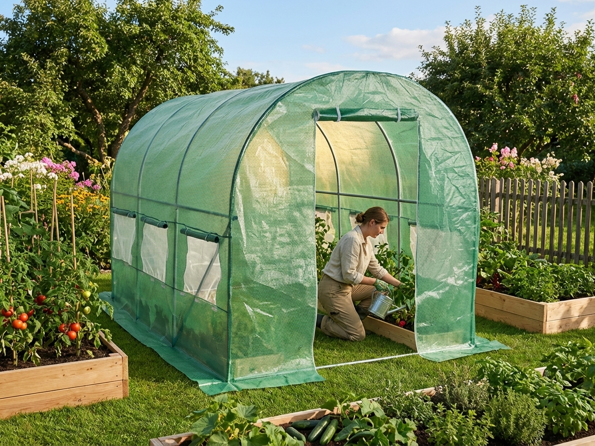 Polytunnel greenhouse 2x3x2m in green with polyethylene cover and steel frame