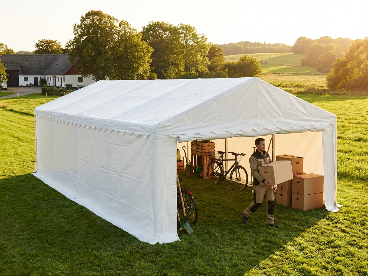 White storage tent 5x8 m with polyethylene and steel frame - view 3