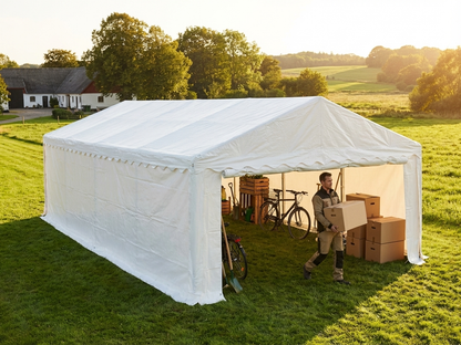 White storage tent 5x8 m with polyethylene and steel frame - view 3