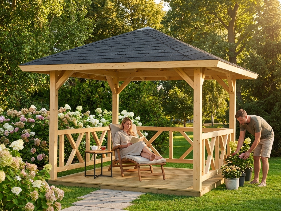 Wooden Gazebo made of Nordic Spruce, 3x3x3.23 m in natural colour - view 3