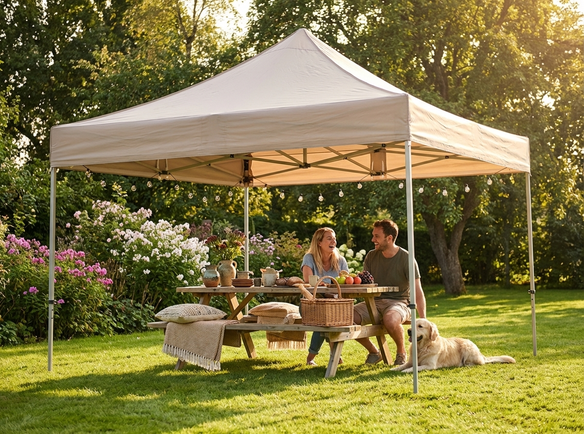 Pop up gazebo with latte shade and steel frame