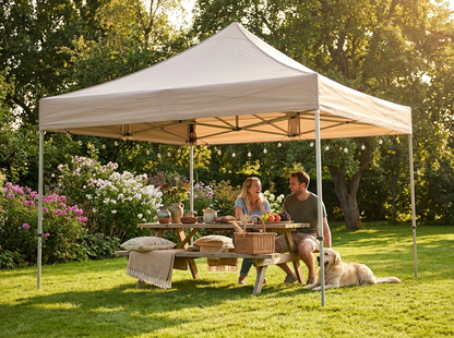 Pop up gazebo with latte shade and steel frame
