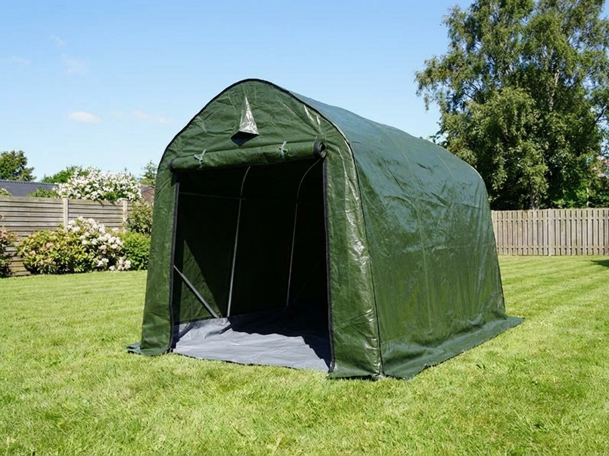 Green and grey storage tent, 2x3x2m, for outdoor use