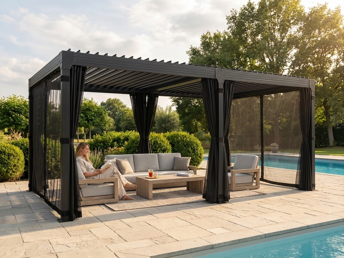 Bioclimatic pergola gazebo in black, 4x6 m, with curtains and mosquito net