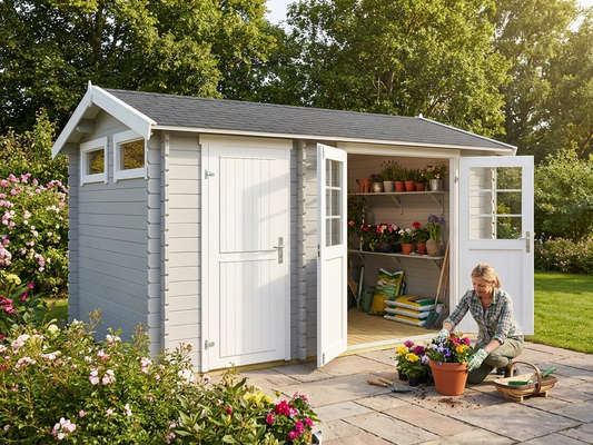 Light grey wooden garden shed made from Nordic spruce - product detail