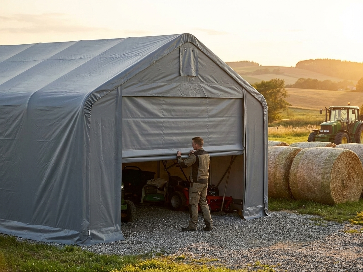 Grey PVC storage shelter door, industrial use