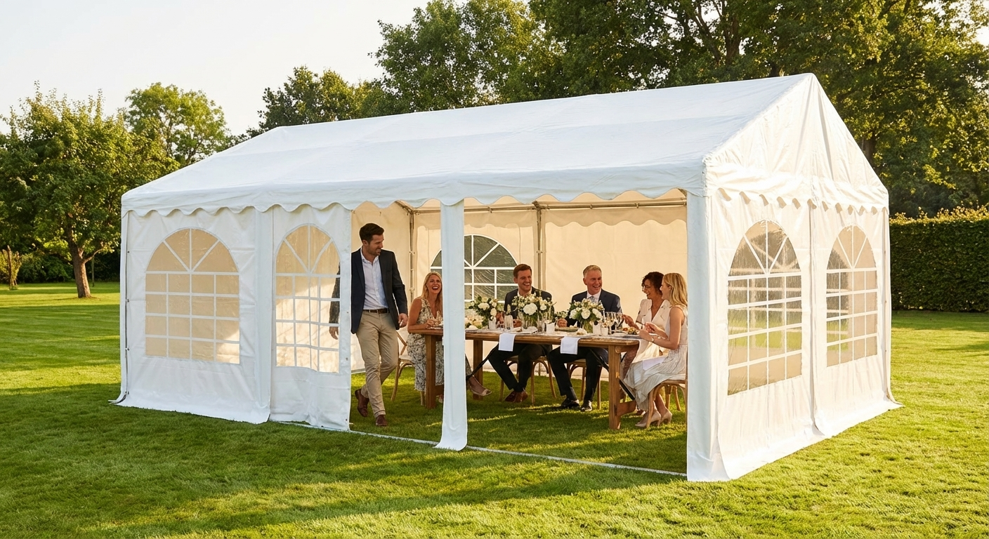 White PVC marquee 4x6m with galvanised steel frame for events - product detail