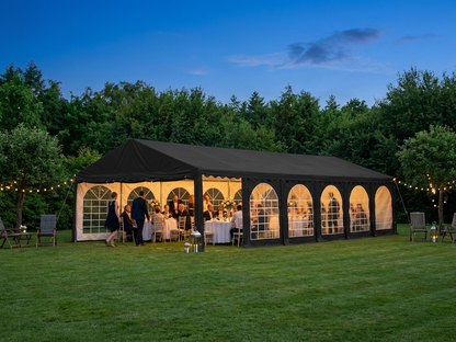 Black 6x12 m marquee with PVC roof and steel frame for events