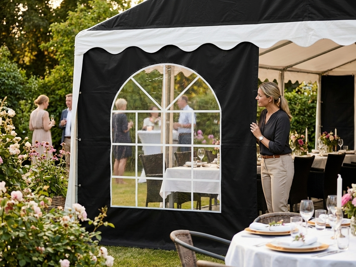 Black sidewall with window for marquees, 3 metres, PVC/Polyester