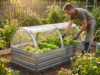 Raised garden bed with arched PVC cover in silver - view 3
