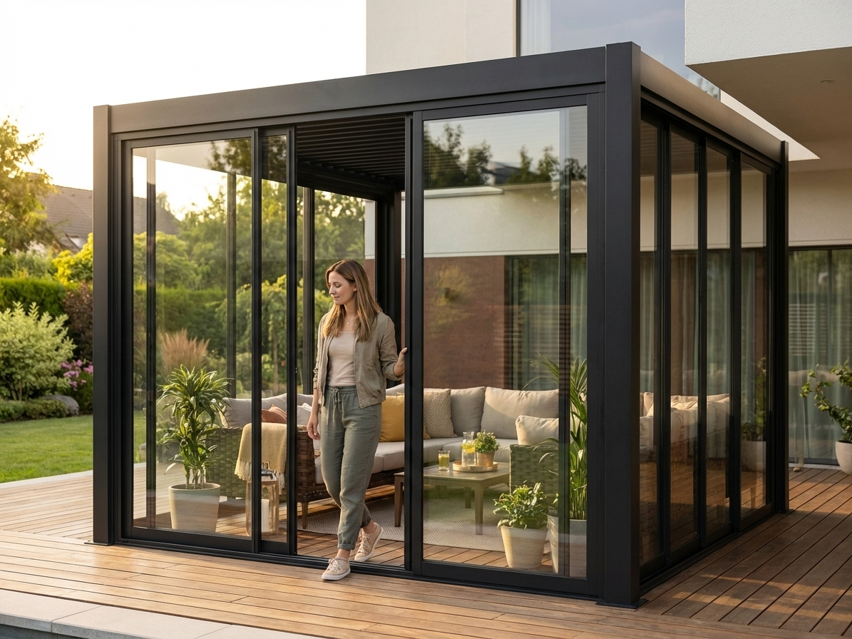 Sliding door set with 3m width, black tempered glass and aluminium frame - view 3