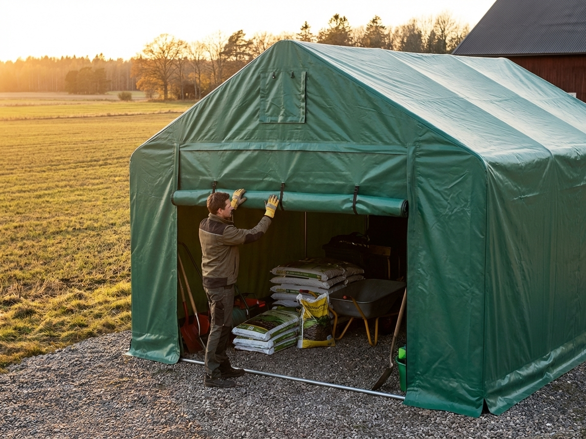 Green PVC storage shelter end wall, fire safe and UV-resistant - product detail