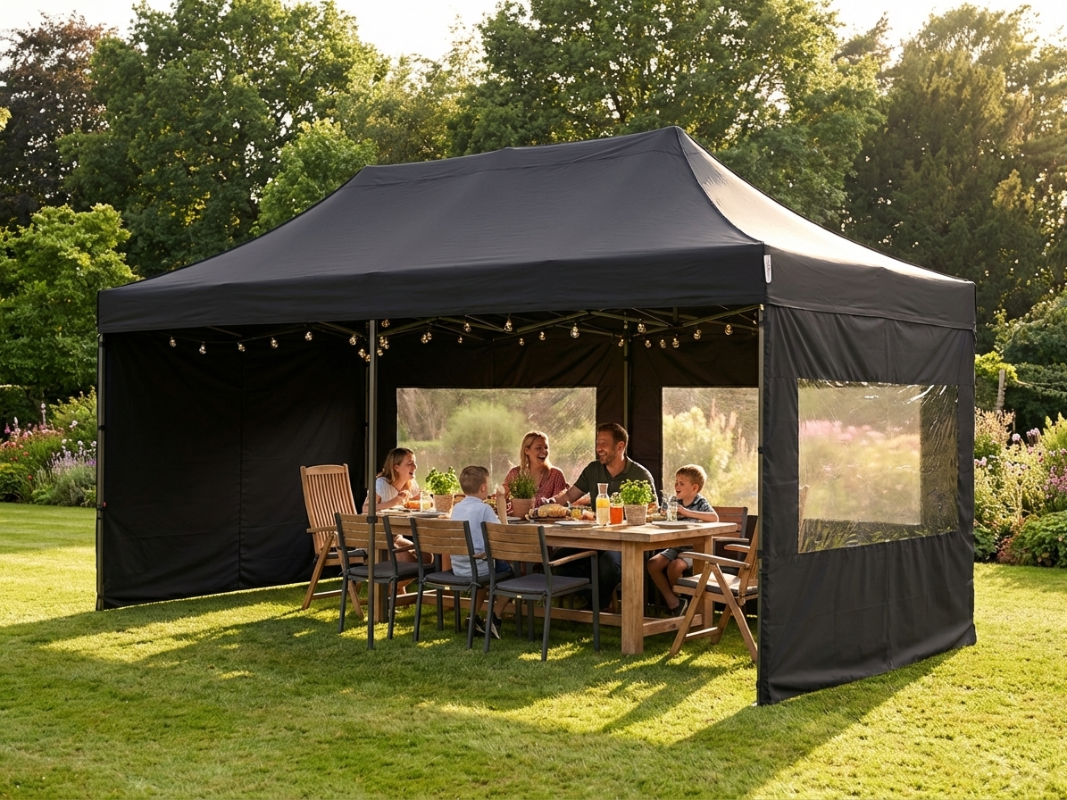 Black pop-up gazebo with steel frame for outdoor events