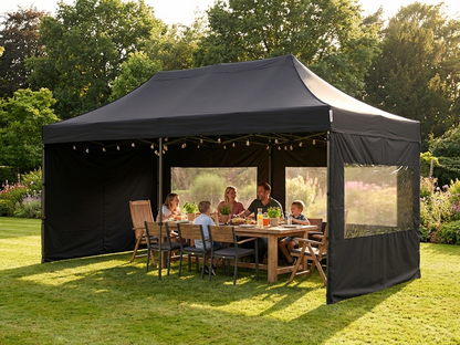 Black pop-up gazebo with steel frame for outdoor events