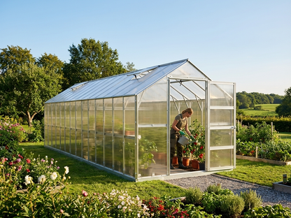 Polycarbonate greenhouse with galvanised steel frame in silver - product detail