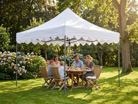 White pop up gazebo with steel frame in a garden setting