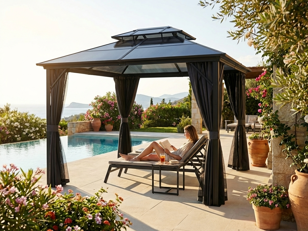 Gazebo in black with aluminium frame and mosquito net