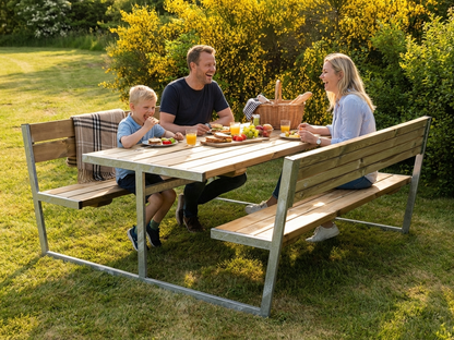 Wood picnic table with light wood finish and steel frame - view 3