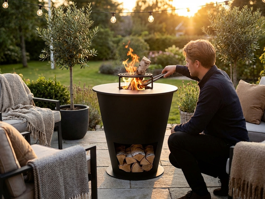 Black carbon steel fire bowl with wood storage for outdoor use