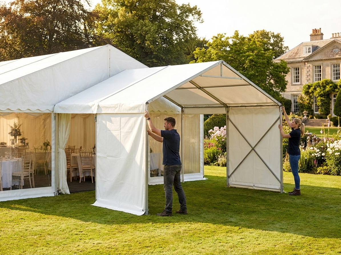 White marquee extension with PVC and steel frame