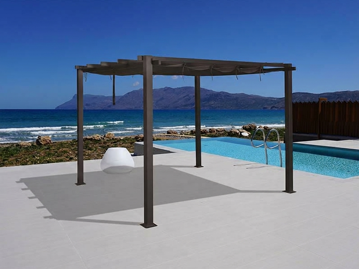 Dark grey pergola gazebo in a garden setting