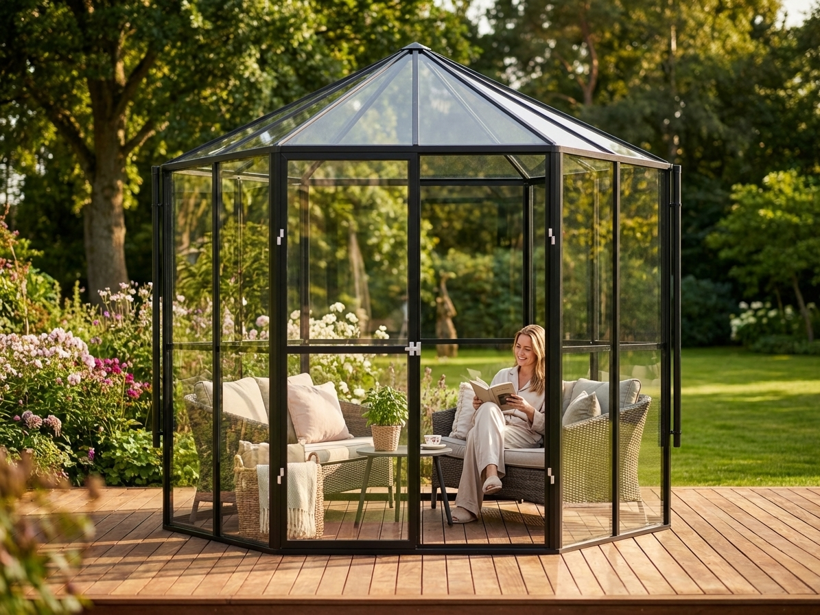 Hexagonal glass orangery with black aluminium frame - view 3