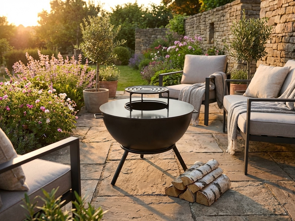 Black carbon steel fire bowl for outdoor use