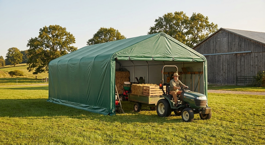 Green PVC storage shelter with galvanised steel frame