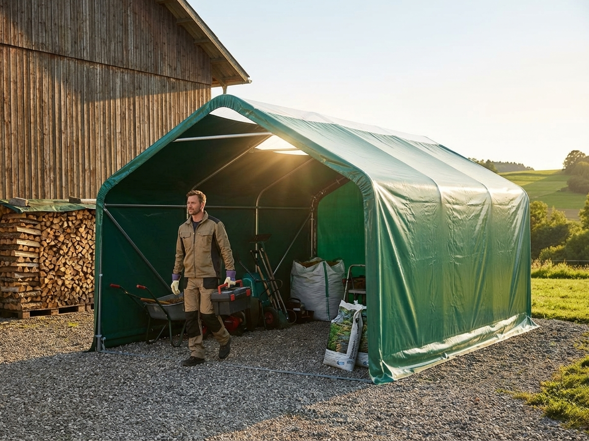Green PVC roof cover for 7x7 m storage shelter - product detail