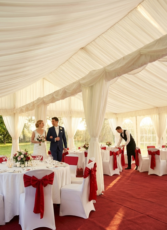 White polyester marquee lining and leg curtain pack for 6x14m