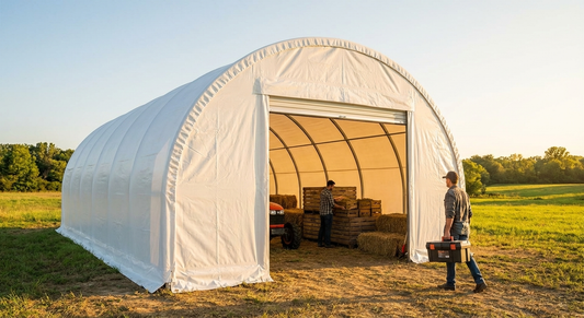 White arched storage tent made from PVC, suitable for industrial use