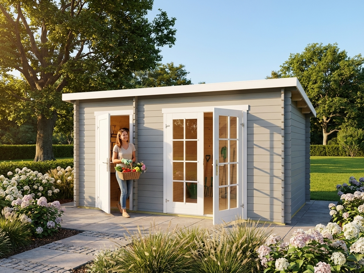 Light grey wooden shed with double hinged doors, Nordic Spruce construction