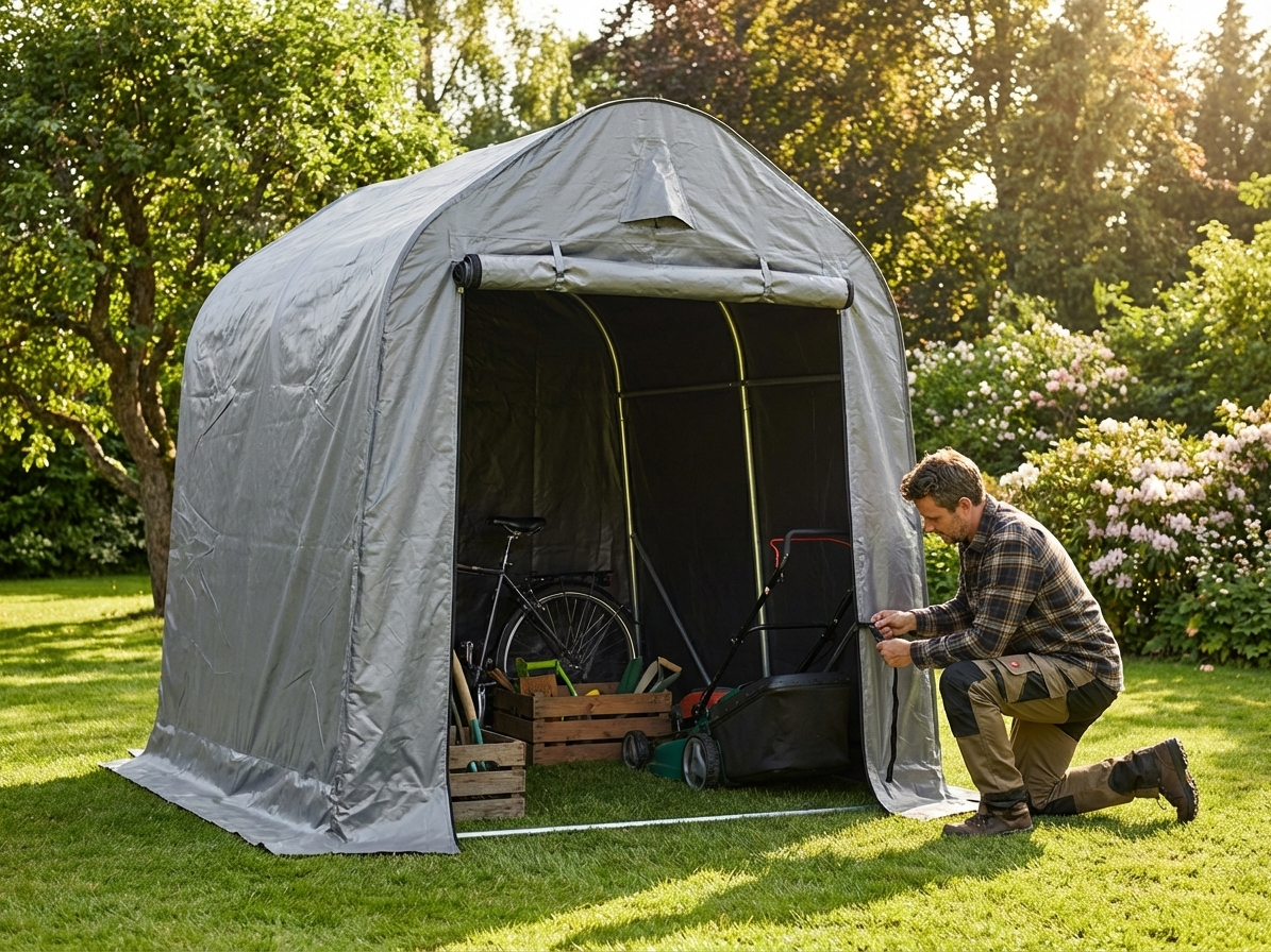 Grey storage tent 2x2x2 m with PE tarpaulin and steel frame